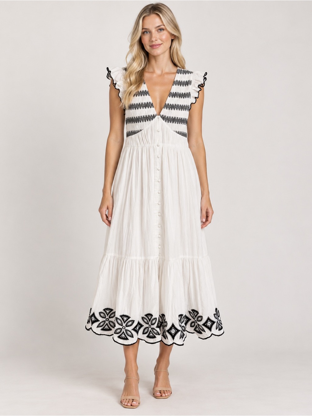 Anthropologie Peregrine Midi Dress: Embroidered Smocked Size Medium 5713